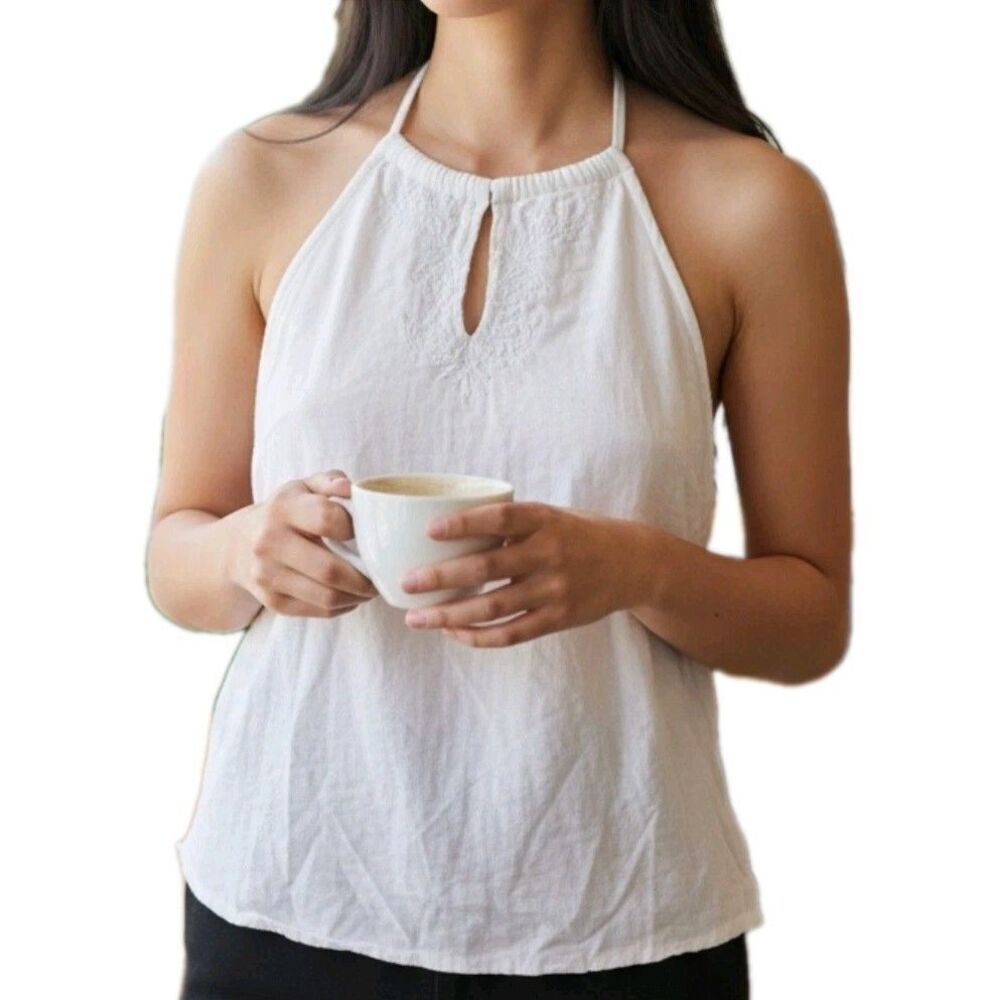 Abercrombie & Fitch White Halter Top Juniors Size XS Embroidered Rolled Hem